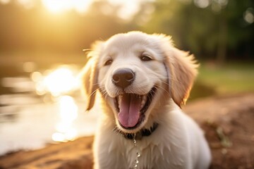 AI generated illustration of A happy white puppy next to the lake