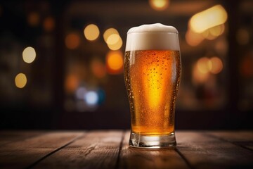 AI generated illustration of a cup of beer on a wooden table - obrazy, fototapety, plakaty