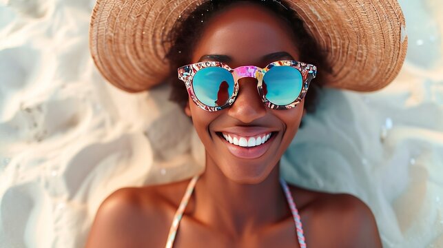 Traveling on vacation, a fun-loving, colorful beach woman with a beach hat and sunglasses enjoys the summertime activities.