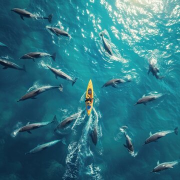 A group of dolphins approaching humans while on a wooden boat, the beauty of the natural area is stunning to the eye, good for blogs, business, advertising, traveling, etc. Generative Ai