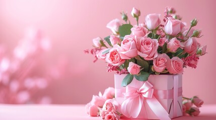 Gorgeous pink rose bouquet on a pastel pink background table, complete with a gift box and vase filled with roses and a satin ribbon.