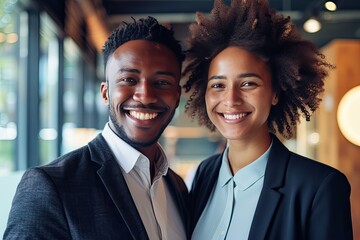 Professional portrait of male and female business duo standing together epitomizing essence of teamwork and collaboration in corporate world confident stance and smiles reflect successful partnership