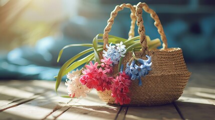 Gorgeous straw bag adorned with carnation and hyacinth blossoms in season.