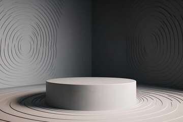 AI generated illustration of an empty platform in a room with several small circles on the wall