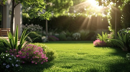 Gorgeous view of a charming backyard on a bright day, with lush, green grass beneath the sun, lovely garden design, and the allure of summer - obrazy, fototapety, plakaty