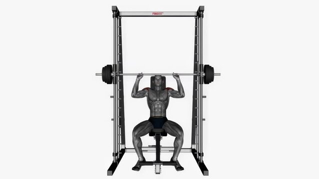 3D-rendered animation of a sportsman training with a smith machine isolated on a white background