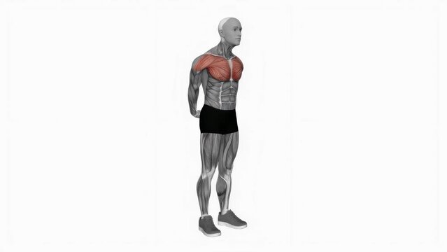 3D-rendered animation of a sportsman doing chest muscle stretching isolated on a white background