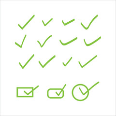 Collection of hand-drawn checkmarks, green tick set in vector illustration. 