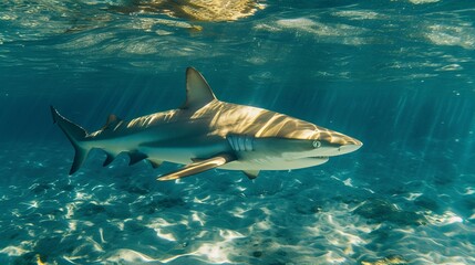 Underwater, sunshine, Atlantic Ocean, Caribbean, Bahamas, Central America; blacktip shark...