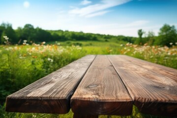 Fototapeta premium AI generated illustration of a rustic wooden dock in a field of flowers
