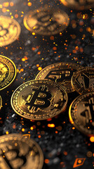 many bitcoins gold coins,cryptocurrency abstract background,computer network, with bokeh - obrazy, fototapety, plakaty