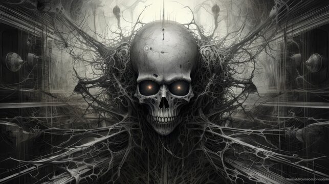 AI generated illustration of an intricate labyrinth with an alien figure in the center in grayscale