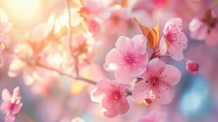 spring blooming branch with pink cherry,sakura flowers,blurred blue background with bokeh,sunlight, empty space for text