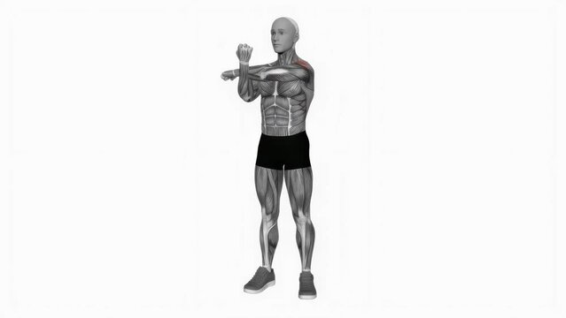 3D rendered animation of a person doing stretches with muscles shown isolated on white background