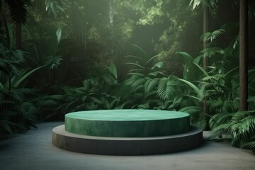 Grey and green product stand with lush vegetation in the background, AI-generated. - obrazy, fototapety, plakaty