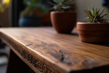 Naklejka na ściany i meble Indoor plant on a wooden tabletop, AI-generated.