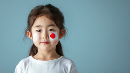 a small narrow-eyed girl has a Japanese flag painted on her cheek, with empty space for text on the side