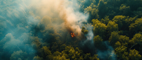 Top-down aerial drone wide view, bird's eye view, of a wildfire in the mountains, forest fire, caused by global warming and climate change. Flames burning green trees