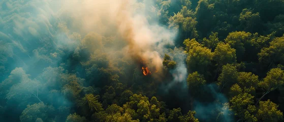 Poster Top-down aerial drone wide view, bird's eye view, of a wildfire in the mountains, forest fire, caused by global warming and climate change. Flames burning green trees © Goodwave Studio