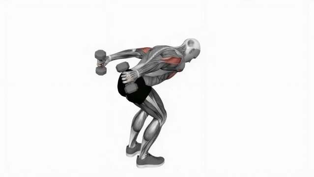 3D rendered animation showcasing the tricep exercise with dumbbells on the white background