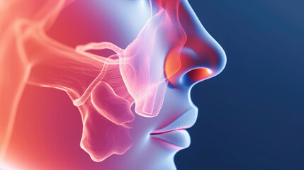 close-up shot of the bones of the nose of the skull, pain in the nose and throat, human anatomy