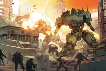 AI generated illustration of soldiers fighting giant robots in a city