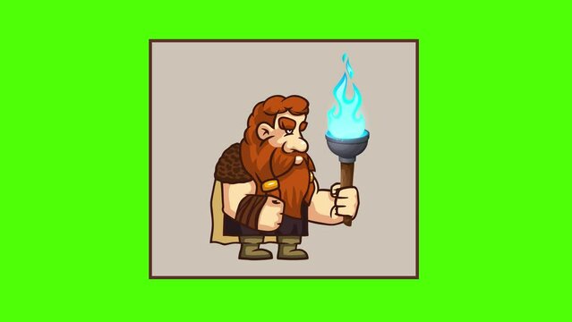 Animation of a Viking warrior holding a torch fire isolated on green chroma background