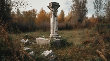 AI generated illustration of a rustic outdoor scene featuring a tall, gray concrete column