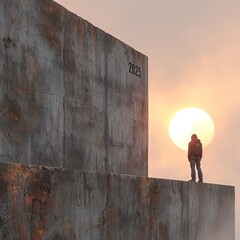 a figure of a man standing on top of a concrete block with the inscription 2025 against the backdrop of the setting sun, reflecting reflections on the future.