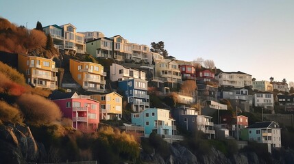AI generated illustration of colorful buildings on  the side of a mountain