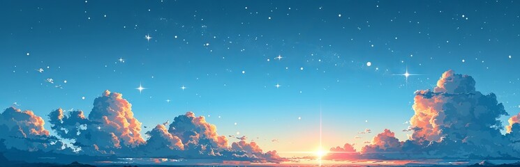 Starry sky at dawn with twinkling stars and the rising sun bordered by lush clouds. Concept: new beginnings and hopes, banner
