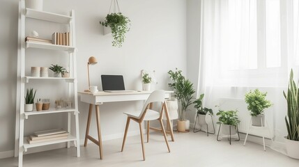 Fototapeta na wymiar AI-generated illustration of a modern white desk in a contemporary home office with green plants.