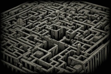 AI generated illustration of an intricate labyrinth tunnel in grayscale