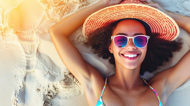 Traveling on vacation, a fun-loving, colorful beach woman with a beach hat and sunglasses enjoys the summertime activities.