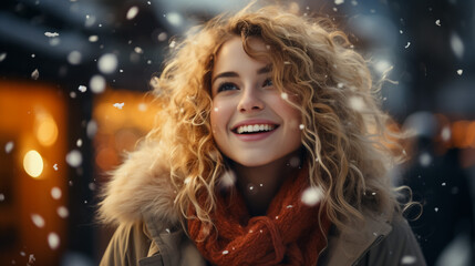 Outdoor close up portrait of young beautiful girl with long hair wearing hat, sweater posing in street of european city. Christmas, winter holidays concept. Snowfall. Copy, empty space for text