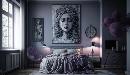 AI-generated illustration of a cozy bedroom in purple hues.