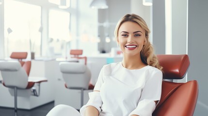 Portrait of a smiling woman sitting in the dentist's office. Laughing caucasian girl with perfect teeth waiting in a doctor's cabinet. Cheerful young female, going through dental treatment. - 732457657