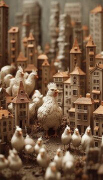 AI generated illustration of a flock of chickens stampeding a city