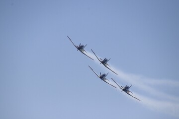 Closeup of planes flying in the sky in unison