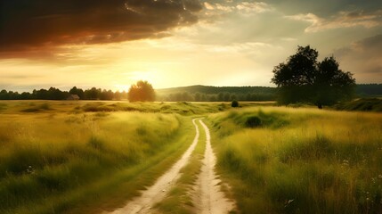 Obraz premium a dirt path winds through a large field of green grass