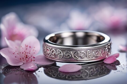 silver ring with flowers on marble top, with copyspace