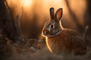 Fototapeta premium AI generated illustration of A white and gray rabbit sits in a field of tall golden grass