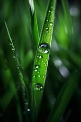 AI generated illustration of a green grass blade covered in water droplets