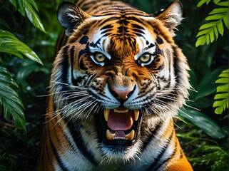 Angry Tiger portrait on jungle background,
