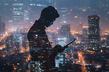 Double exposure of business and a city - Asian businessman using a digital tablet superimposed on a city skyline. Neural network generated image. Not based on any actual person or scene. - obrazy, fototapety, plakaty