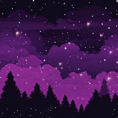 AI generated illustration of a night-time scene of a forested purple landscape