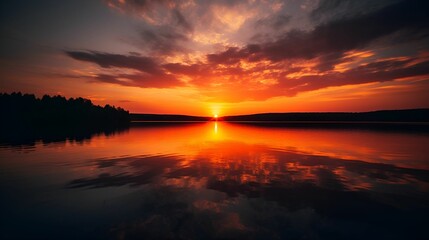 Obraz premium AI-generated illustration of a beautiful lake under a cloudy sky during the sunset