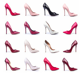 Elegant collection of high heels in various colors isolated on white background - obrazy, fototapety, plakaty