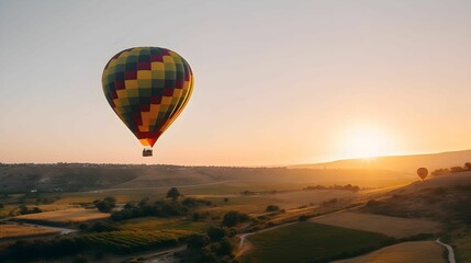 AI generated illustration of a colorful hot air balloon in the air during the sunset