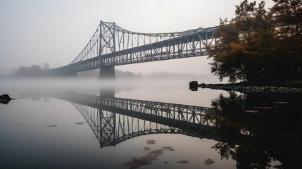 AI generated illustration of a foggy autumn day with a bridge crossing a river